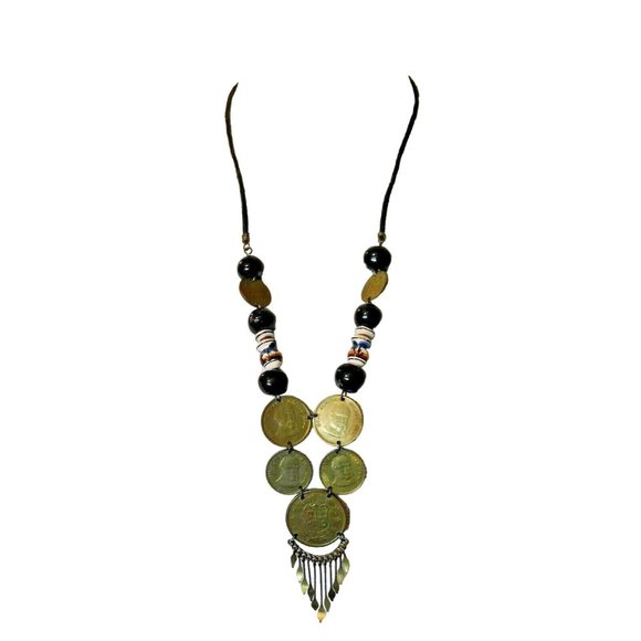 Vintage Peruvian Sol Coin Miguel Grau Necklace Black Ceramic Beads Black Leather - Picture 1 of 12